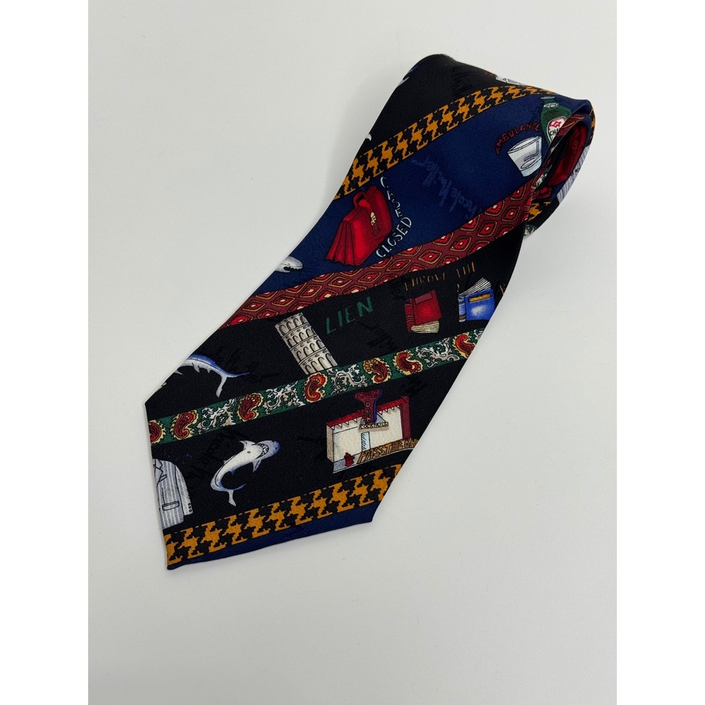 Nicole Miller 1994 Vintage‎ Law Legal Theme Silk Necktie Navy Black Shark Gavel